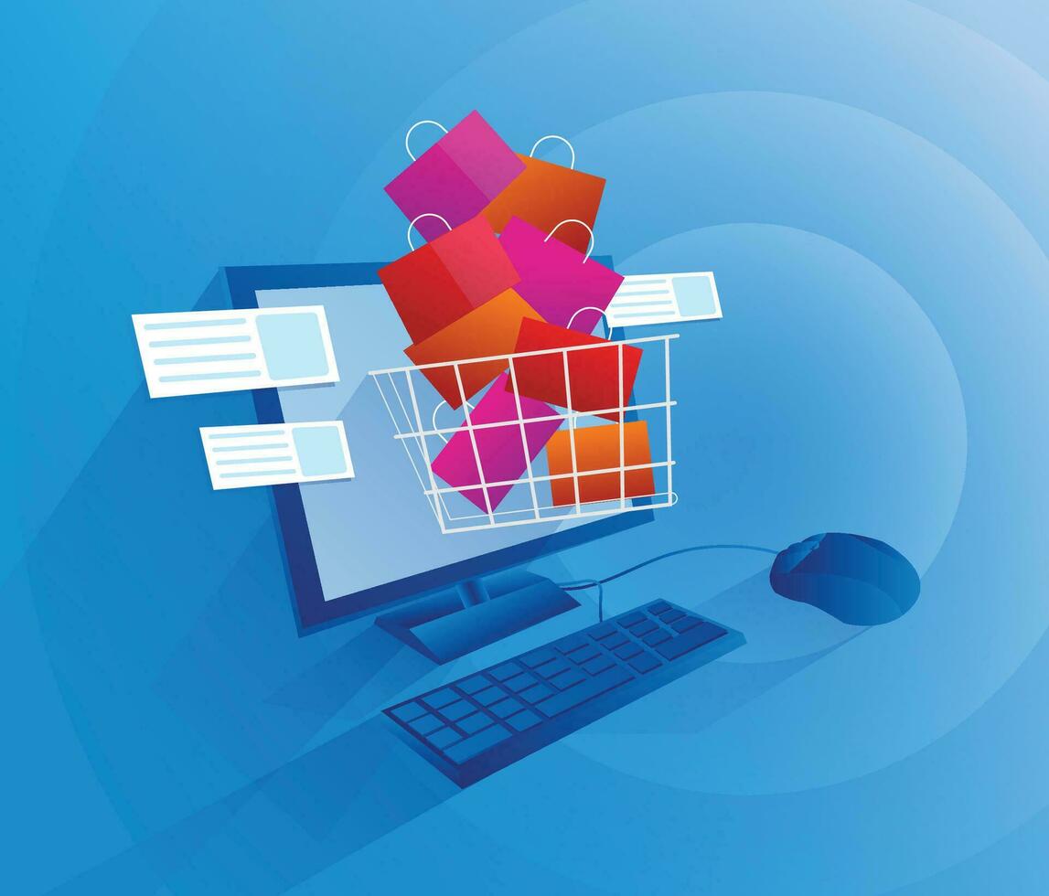 Online shopping concept. Shopping cart with bags and big computer screen. Flat vector design isolated on blue background