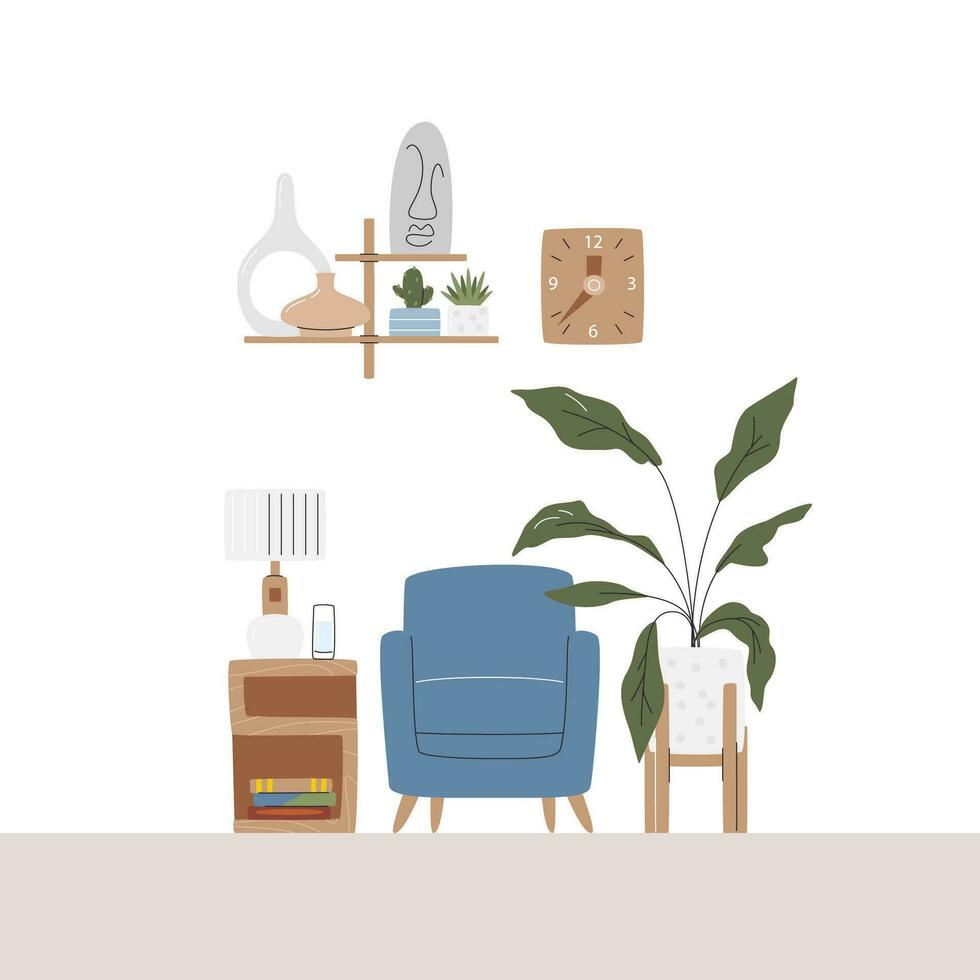Lounge for reading books. Leisure part interior at home. Relaxing area in living room. Residential zone decorated with houseplants and sculpture. Cozy resting area hand drawn flat vector illustration