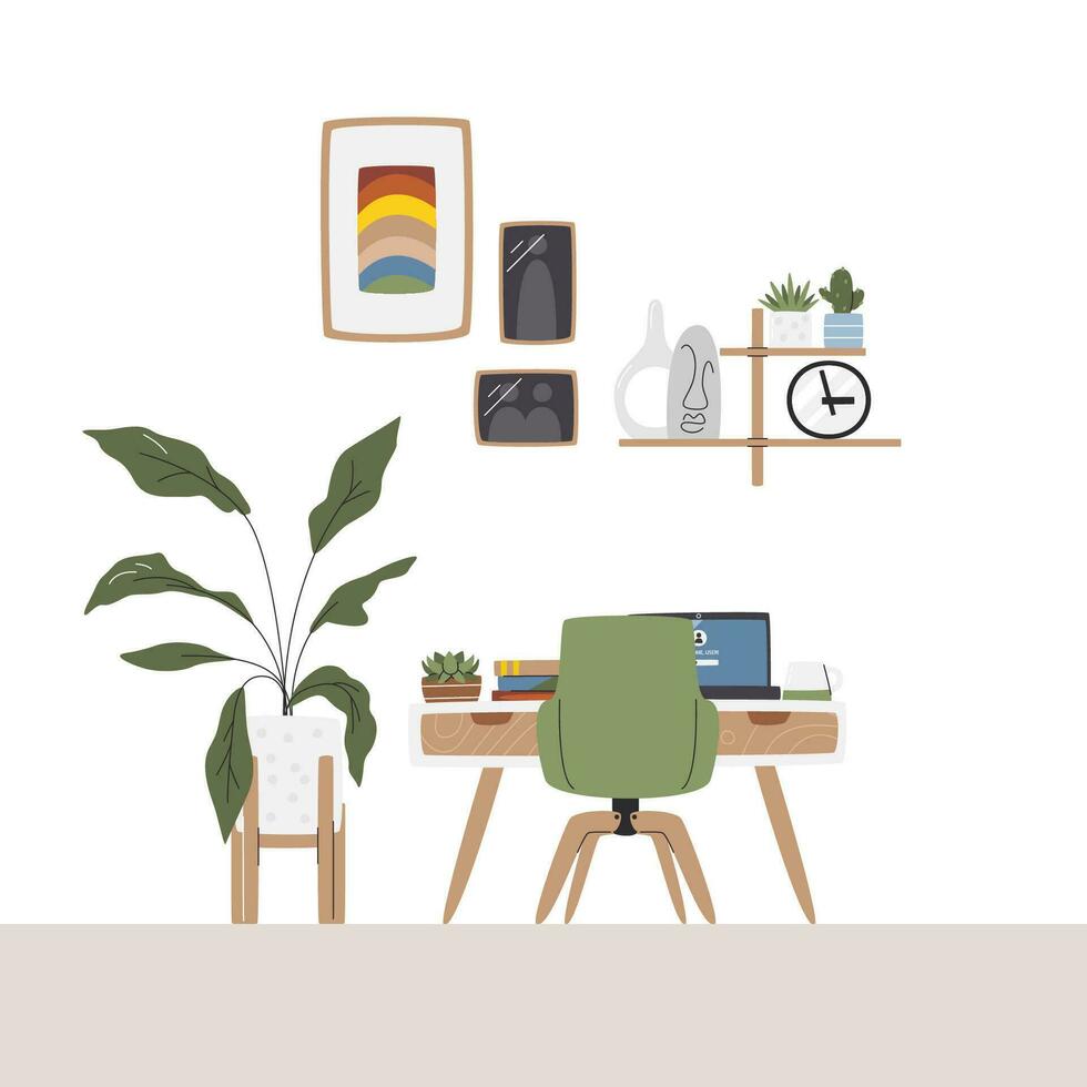 Home office interior design. Wall shelf full of plants and home decor. Study space decorated with poster and sculptures. Different houseplants in living. Workplace hand drawn flat vector illustration