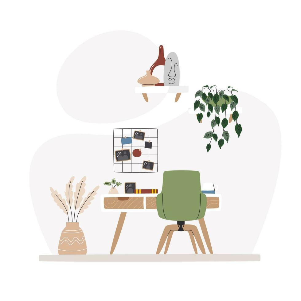 Work space with mid-century style desk and ergonomic chair. Home office for remote study or job. Room decorated with organizer grid and plants. Home decor. Interior hand drawn flat vector illustration