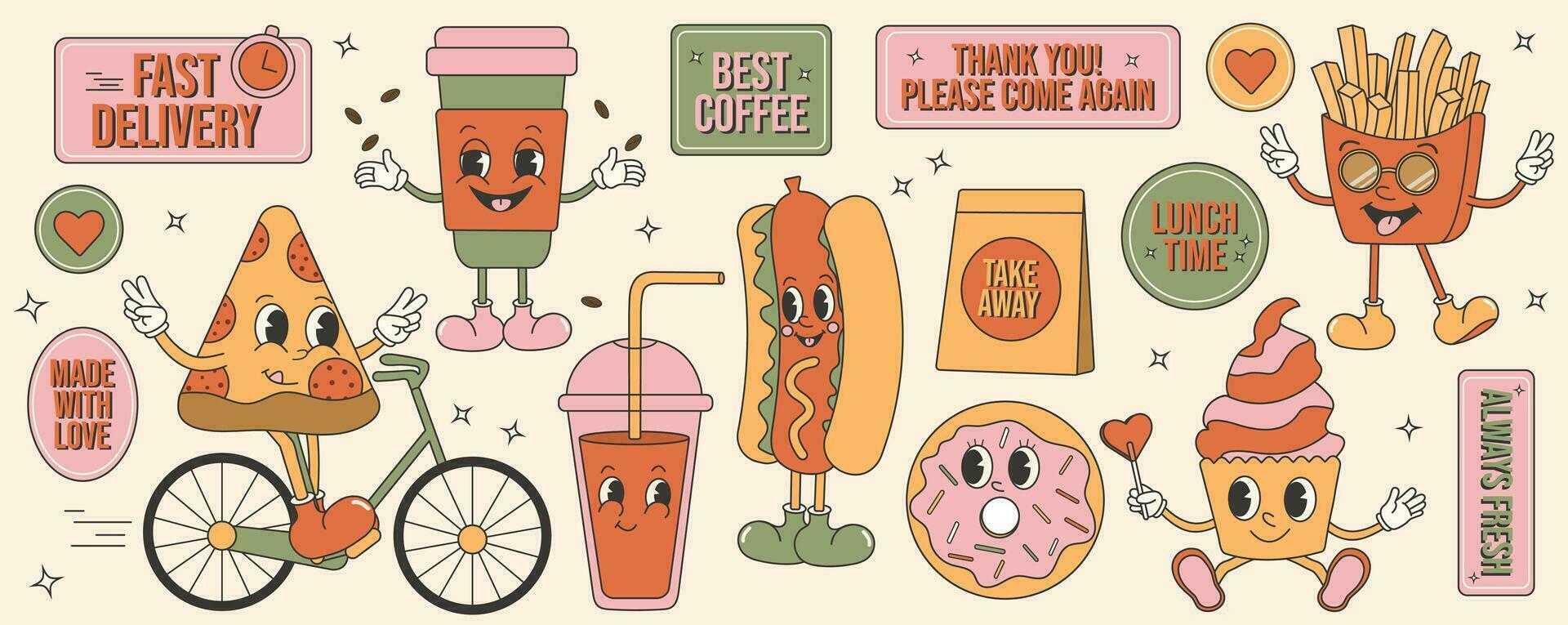 Retro groovy cartoon mascot set. Fast food stickers for restaraunt, cafe and delivery. vector