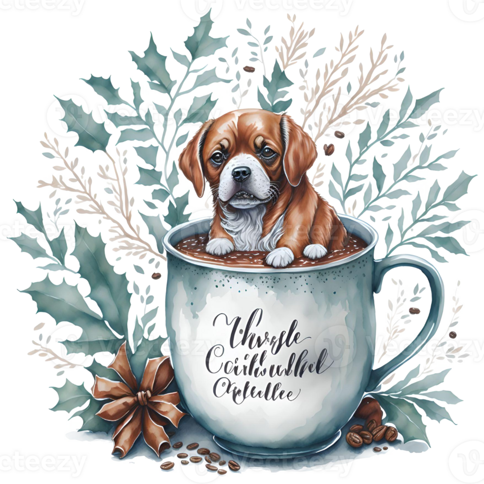 Christmas Coffee and Adorable Dog PNG Design, Generative AI
