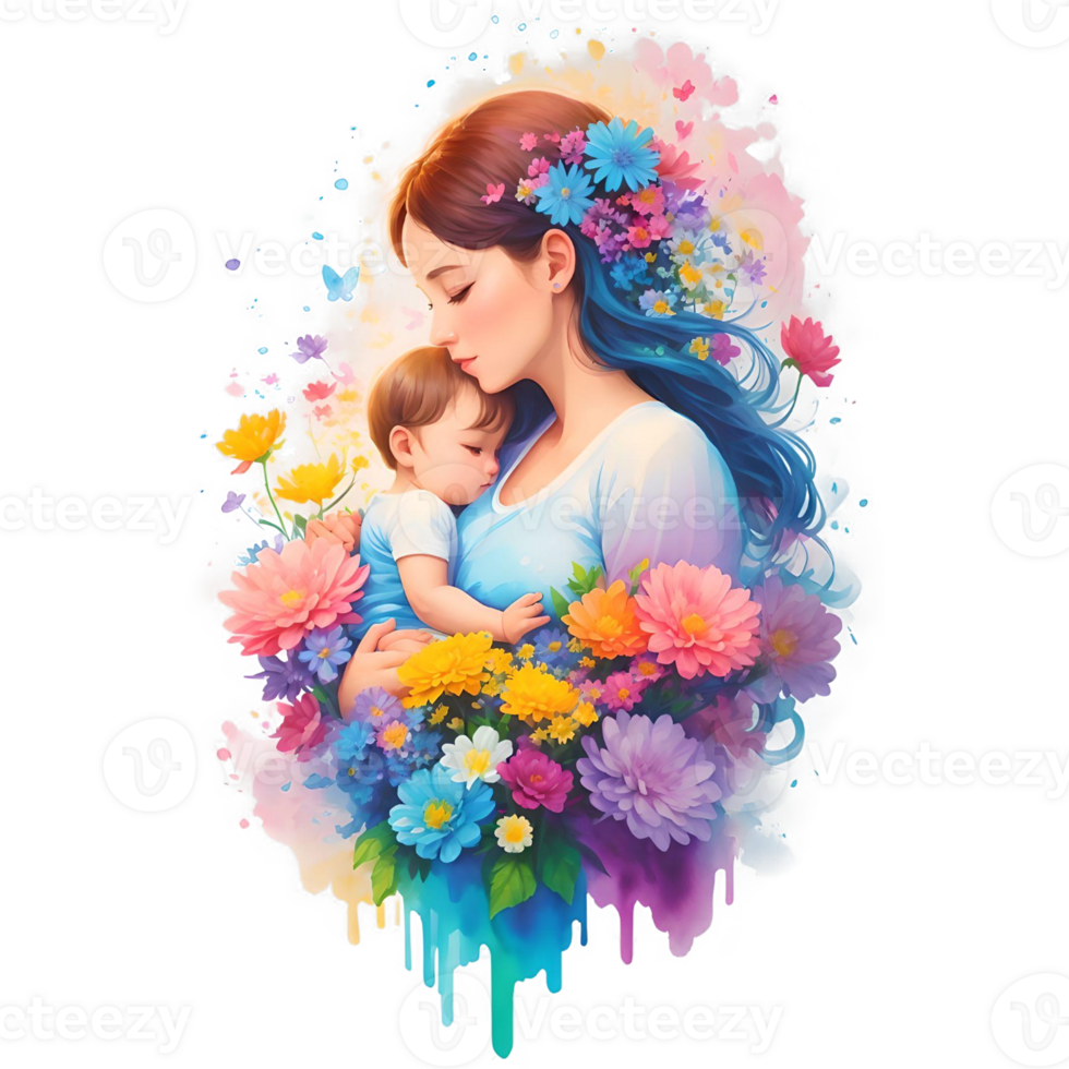 Mother Holding Baby and Flower Splash PNG Design, Generative AI