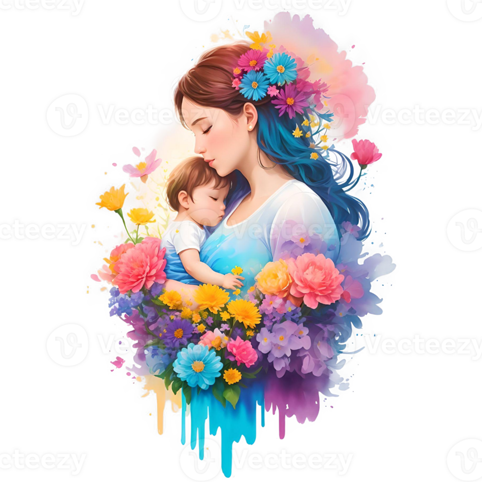 Mother Holding Baby and Flower Splash PNG Design, Generative AI