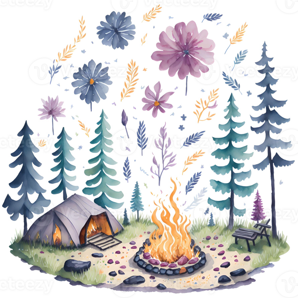 Watercolor Campground Scenery PNG Design, Generative AI
