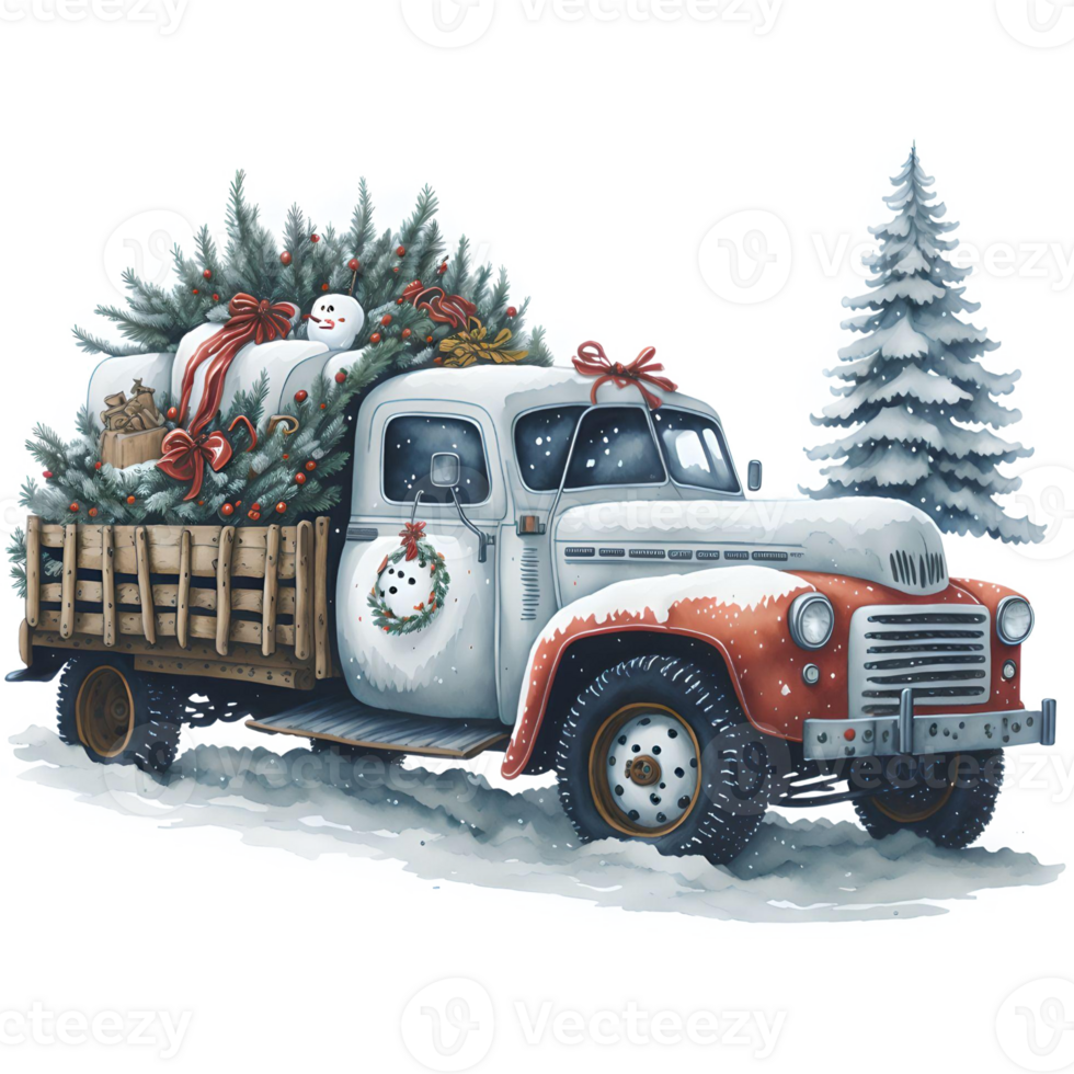 Watercolor Christmas Truck And Snowman PNG Design, Generative AI