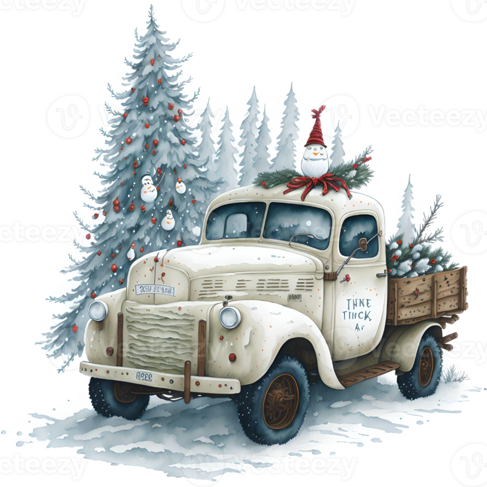 Watercolor Christmas Truck And Snowman PNG Design, Generative AI