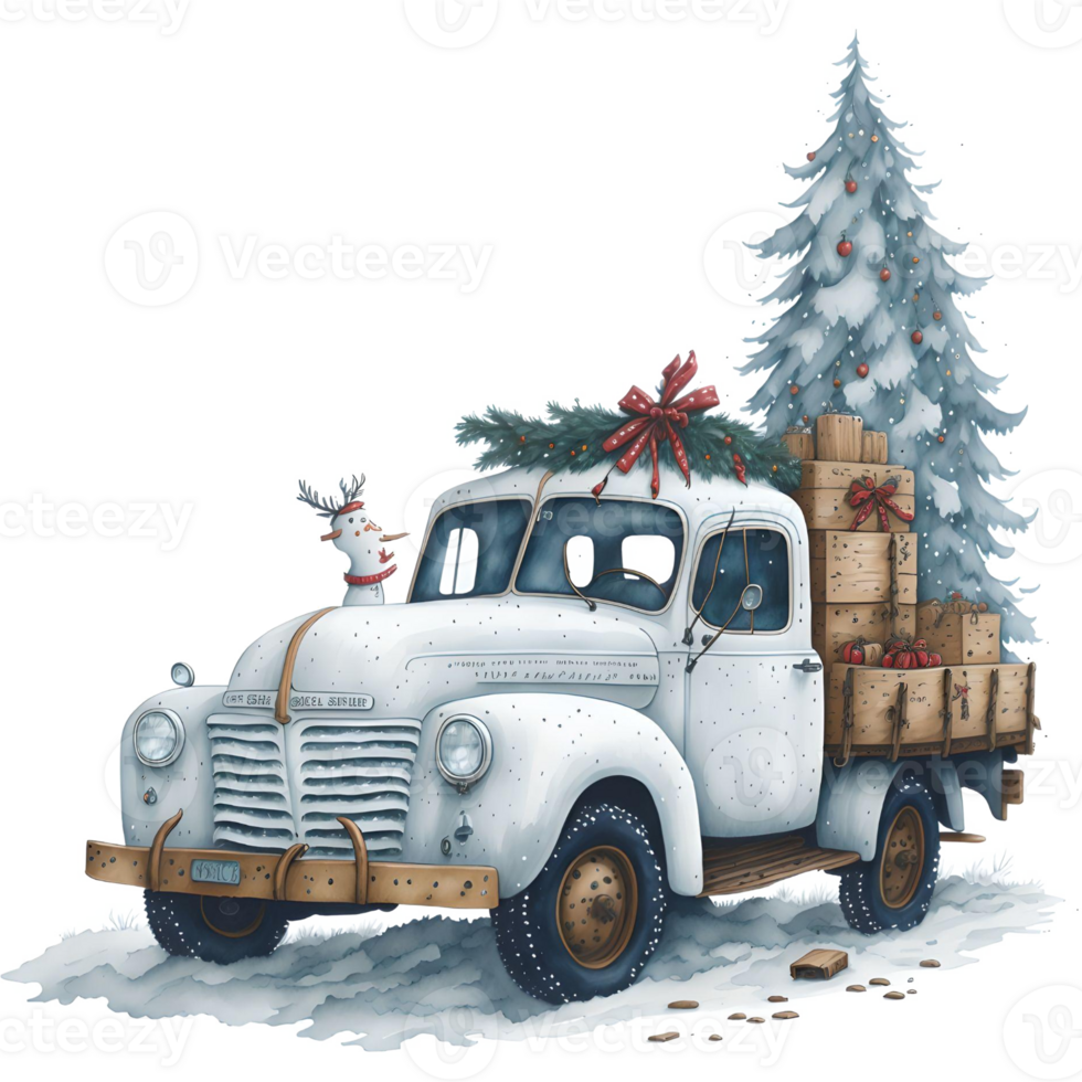 Watercolor Christmas Truck And Snowman PNG Design, Generative AI