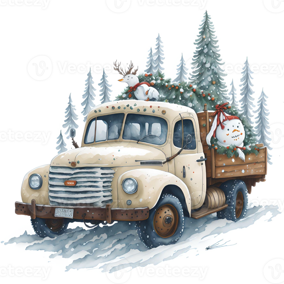 Watercolor Christmas Truck And Snowman PNG Design, Generative AI