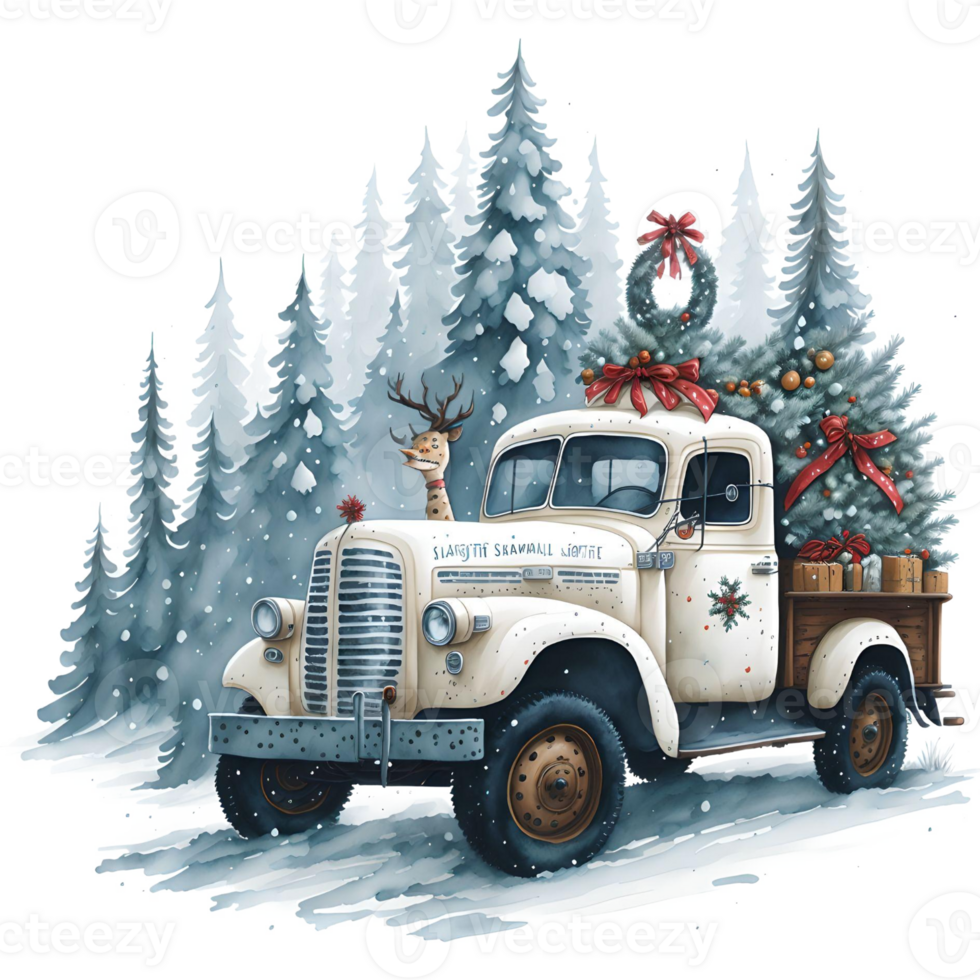 Watercolor Christmas Truck And Snowman PNG Design, Generative AI