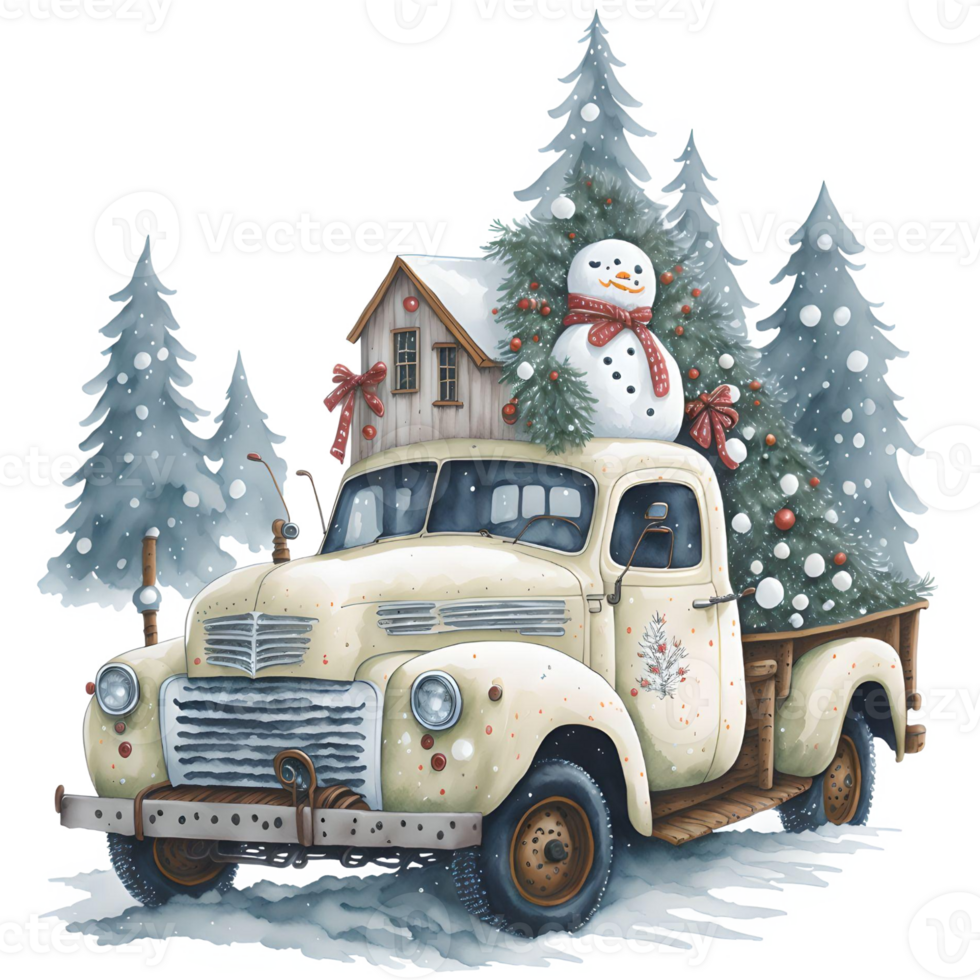 Watercolor Christmas Truck And Snowman PNG Design, Generative AI