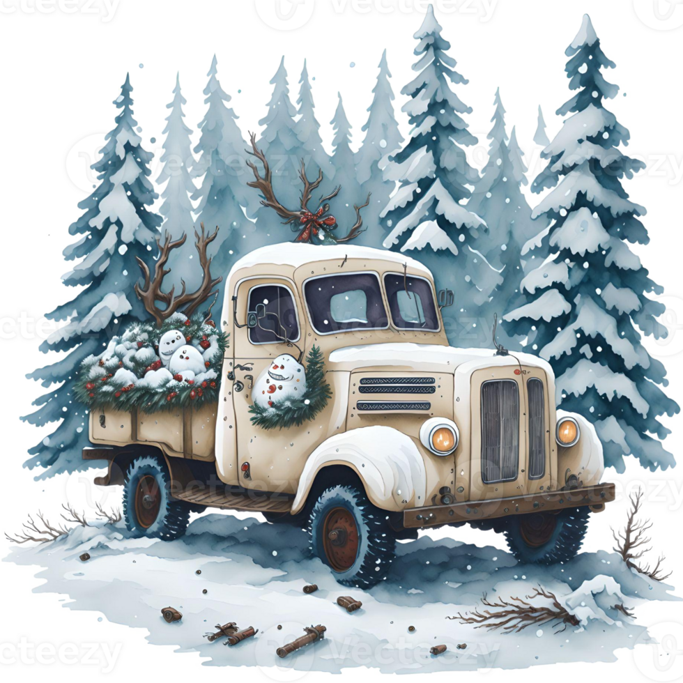 Watercolor Christmas Truck And Snowman PNG Design, Generative AI