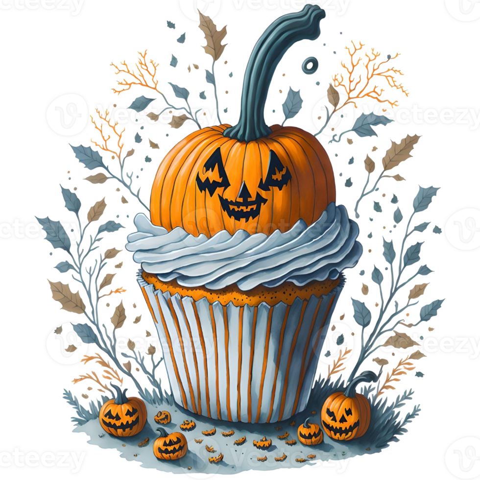 Watercolor Cupcake and Halloween Pumpkin PNG Design, generative ai