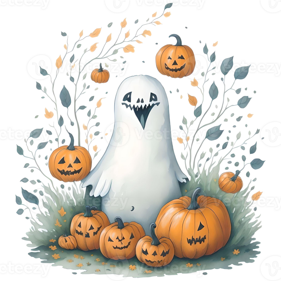 Watercolor Halloween Ghosts Pumpkin PNG Design, Generative AI