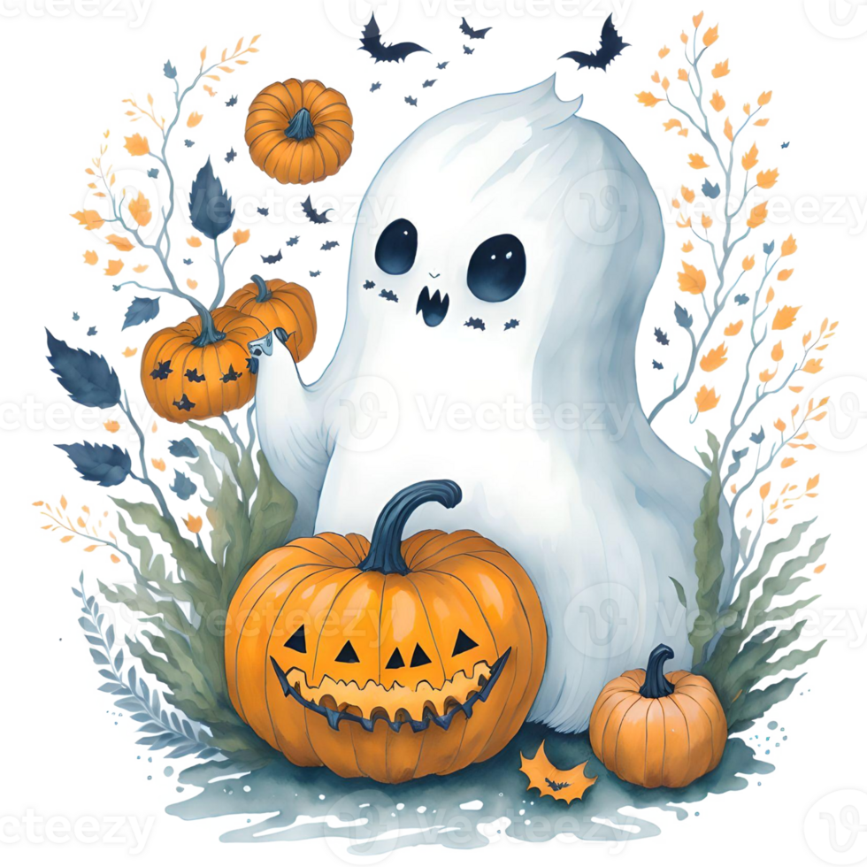 waterverf halloween geesten pompoen PNG ontwerp, generatief ai