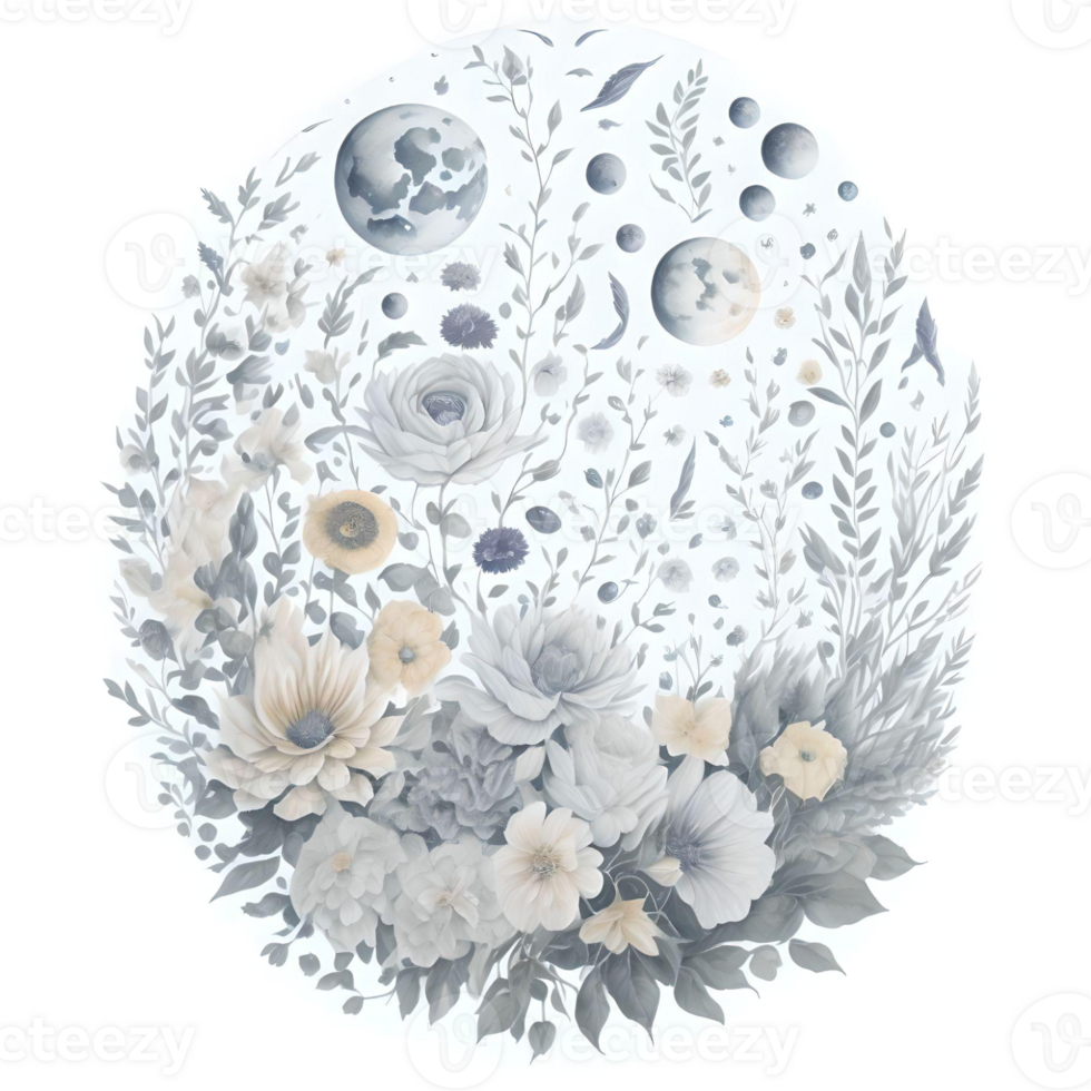Watercolor Illustration Moon and Flower PNG Design Generative AI