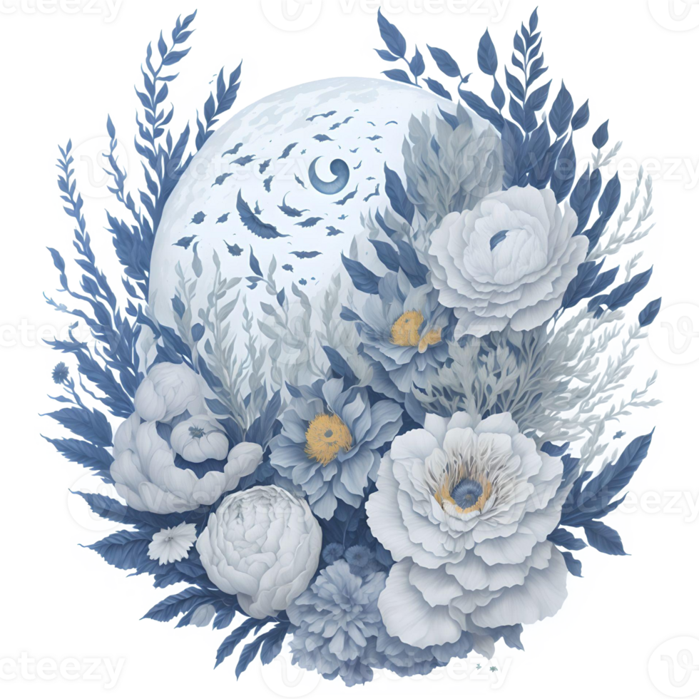 Watercolor Illustration Moon and Flower PNG Design Generative AI