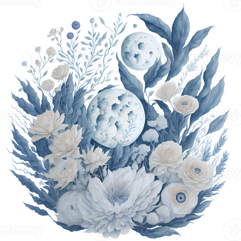Watercolor Illustration Moon and Flower PNG Design Generative AI
