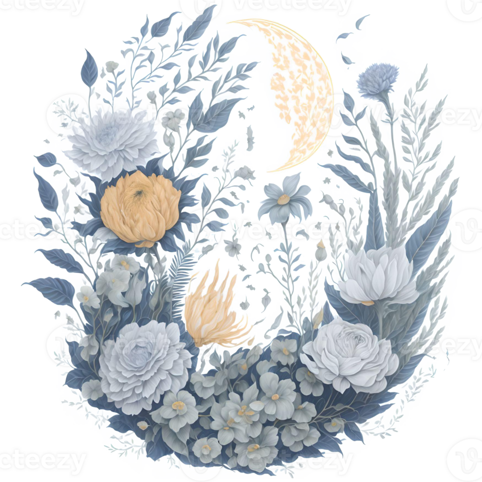 Watercolor Illustration Moon and Flower PNG Design Generative AI
