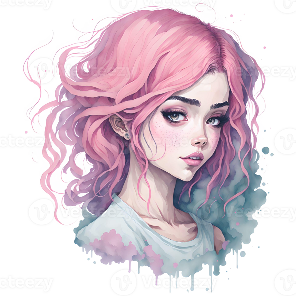 Watercolor Illustration Pink Girl PNG Design, Generative AI