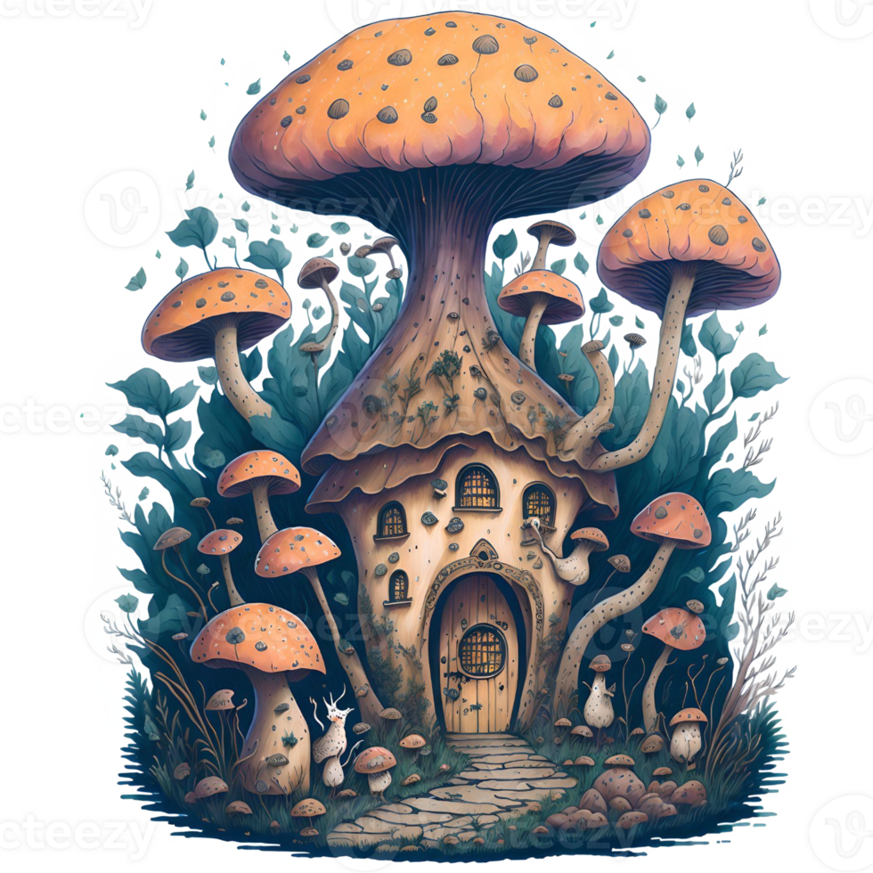 Watercolor Mushroom House PNG Design, Generative AI