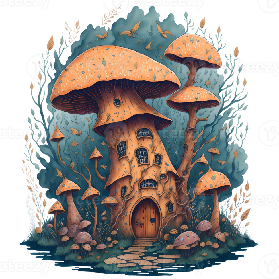 Watercolor Mushroom House PNG Design, Generative AI