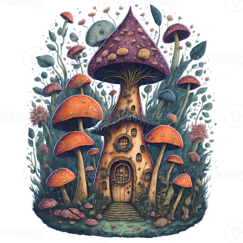 Watercolor Mushroom House PNG Design, Generative AI