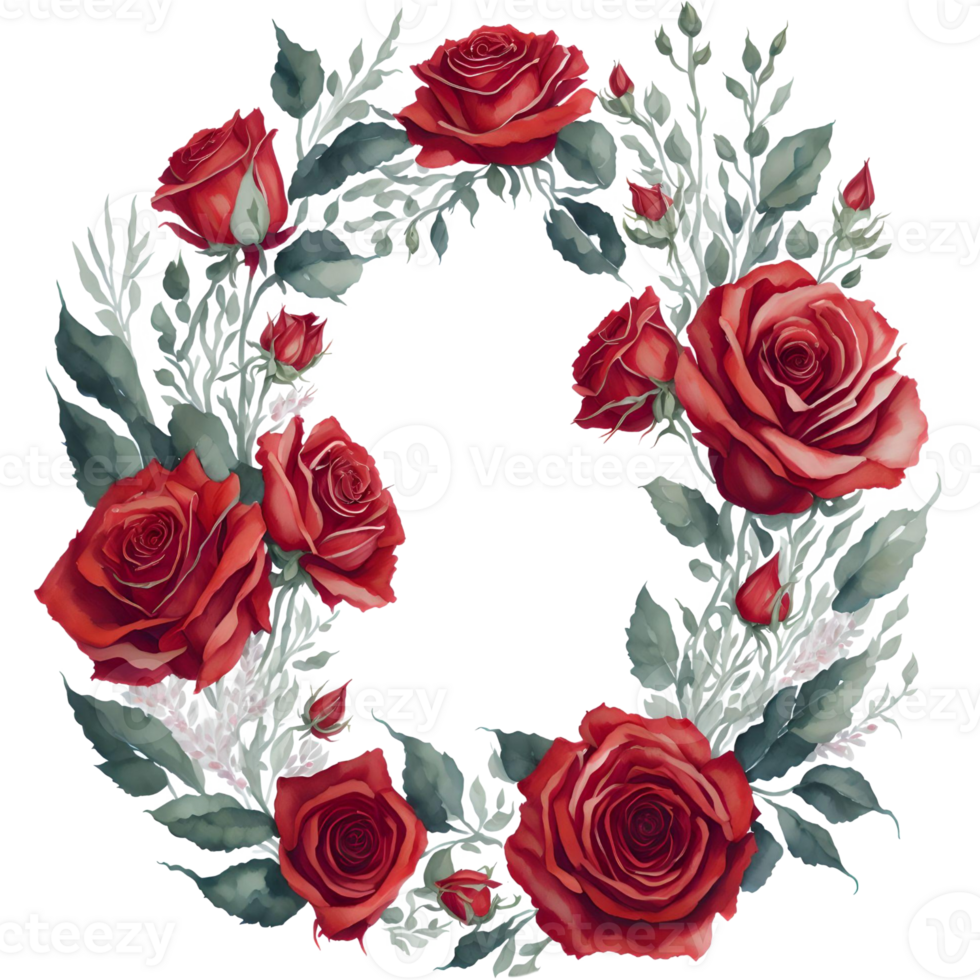 Watercolor Red Roses Wreath PNG Design, generative ai