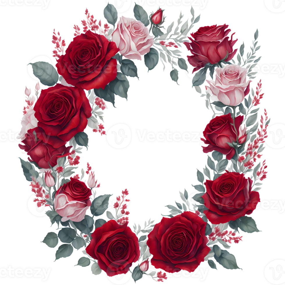 Watercolor Red Roses Wreath PNG Design, generative ai