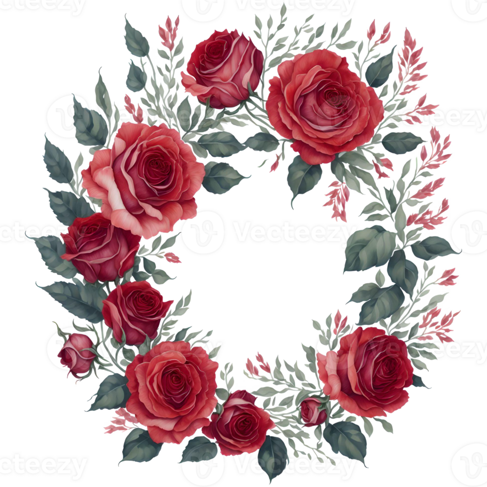 Watercolor Red Roses Wreath PNG Design, generative ai