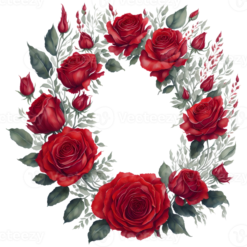 Watercolor Red Roses Wreath PNG Design, generative ai