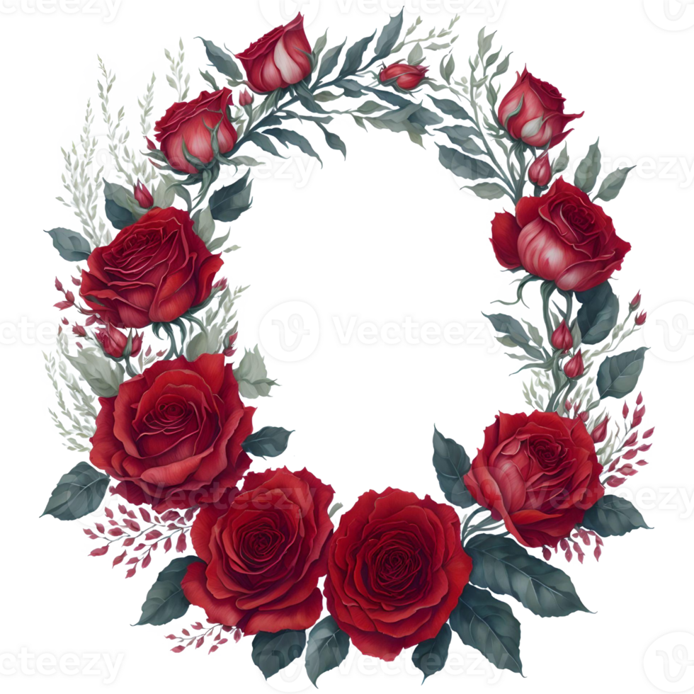 Watercolor Red Roses Wreath PNG Design, generative ai