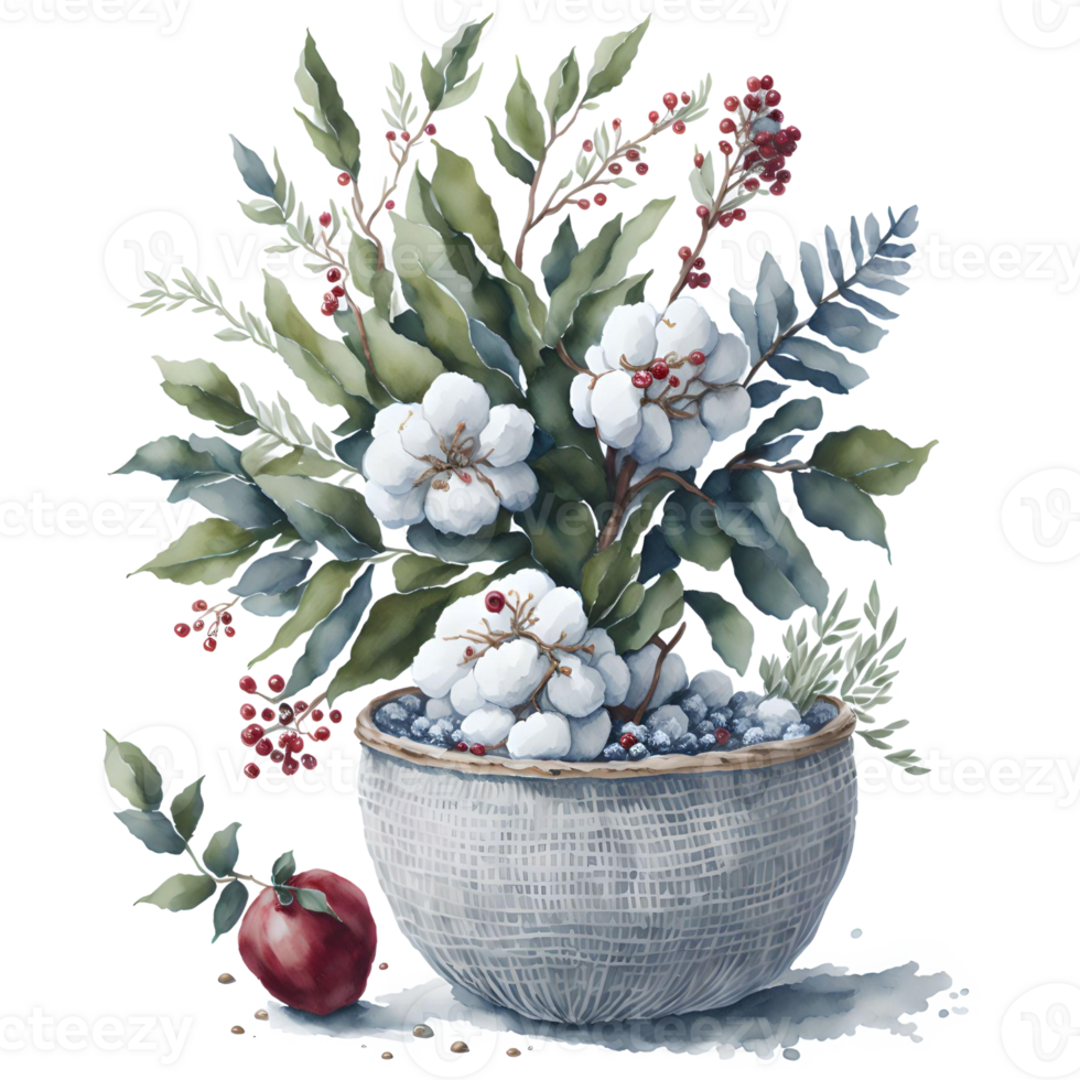 Watercolor New Year Christmas knitted planter PNG Design, Generative AI