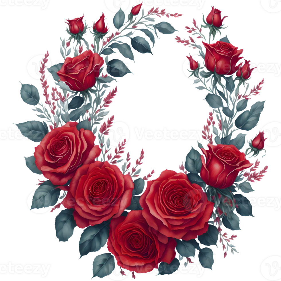 Watercolor Red Roses Wreath PNG Design, generative ai