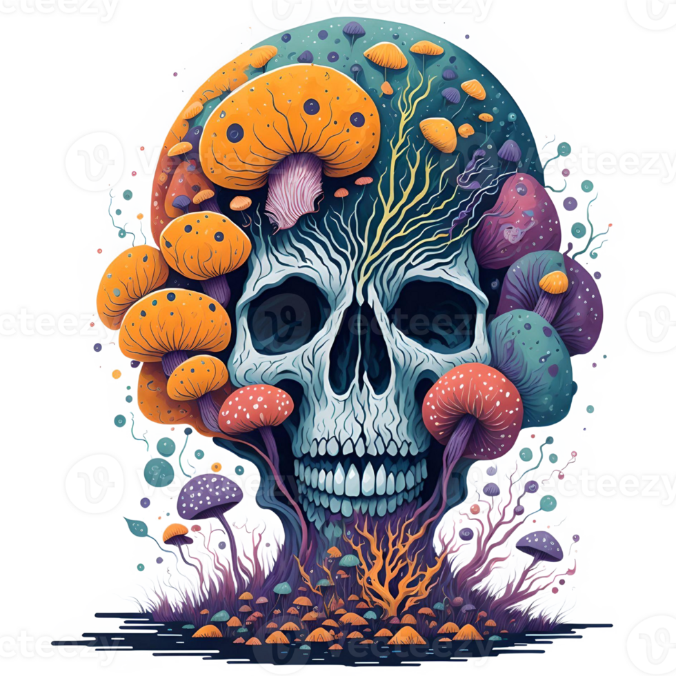 Watercolor Skull Mushroom PNG Design, Generative AI