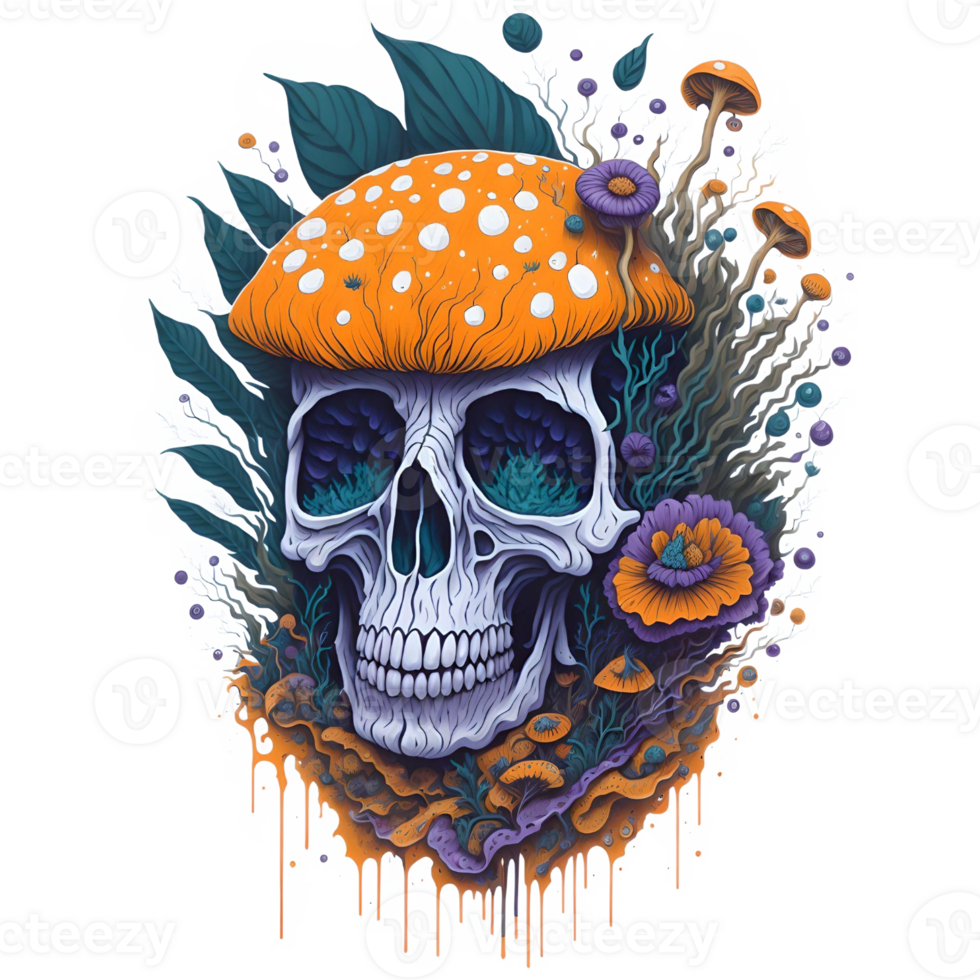 Watercolor Skull Mushroom PNG Design, Generative AI