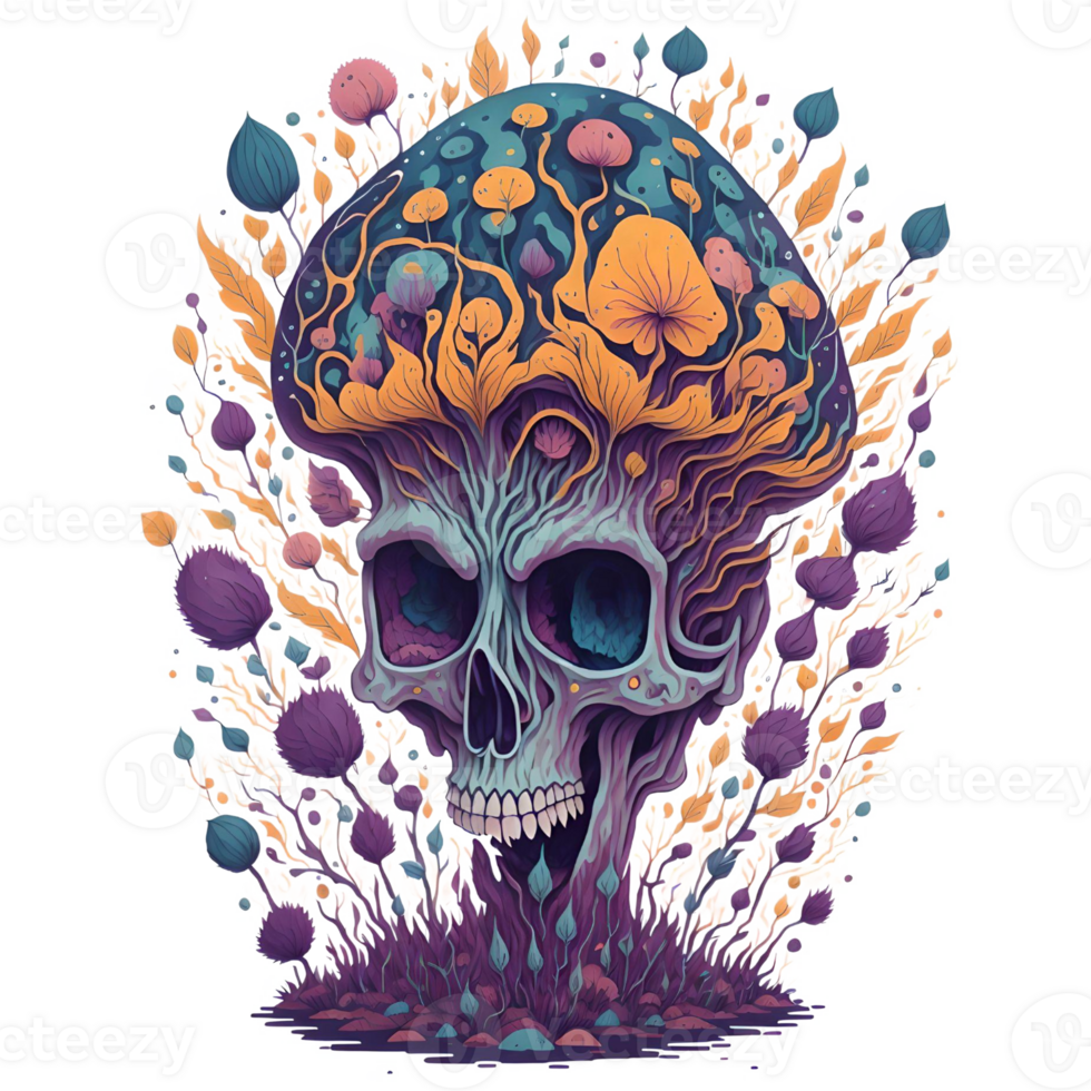 Watercolor Skull Mushroom PNG Design, Generative AI