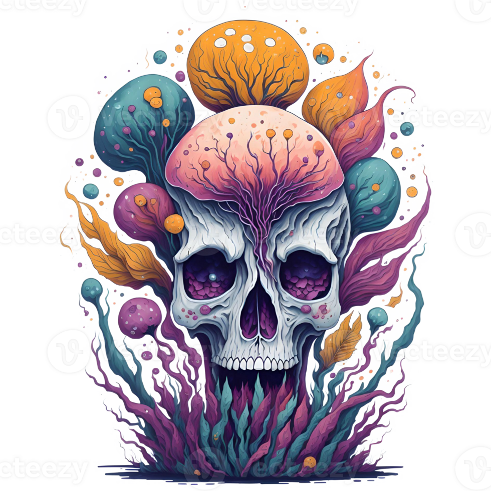 Watercolor Skull Mushroom PNG Design, Generative AI