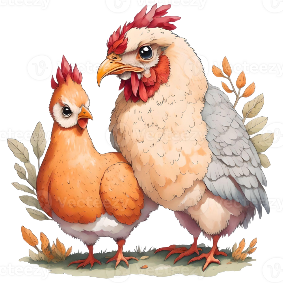 Watercolor Thanksgiving Cute Chicken and Turkey PNG Design, Generative AI