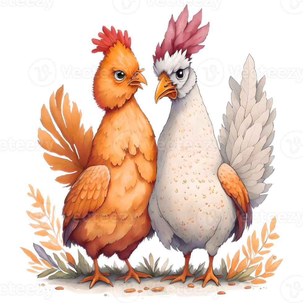Watercolor Thanksgiving Cute Chicken and Turkey PNG Design, Generative AI