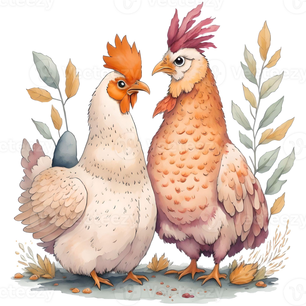 Watercolor Thanksgiving Cute Chicken and Turkey PNG Design, Generative AI