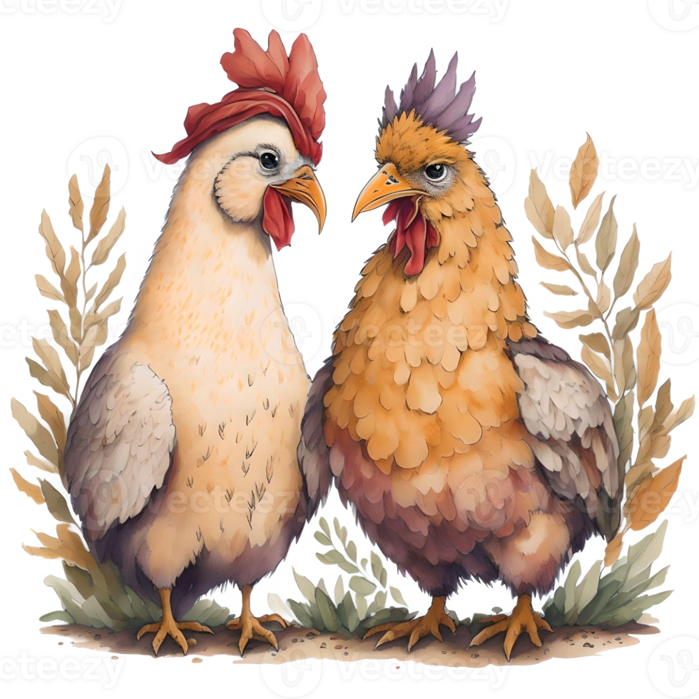 Watercolor Thanksgiving Cute Chicken and Turkey PNG Design, Generative AI