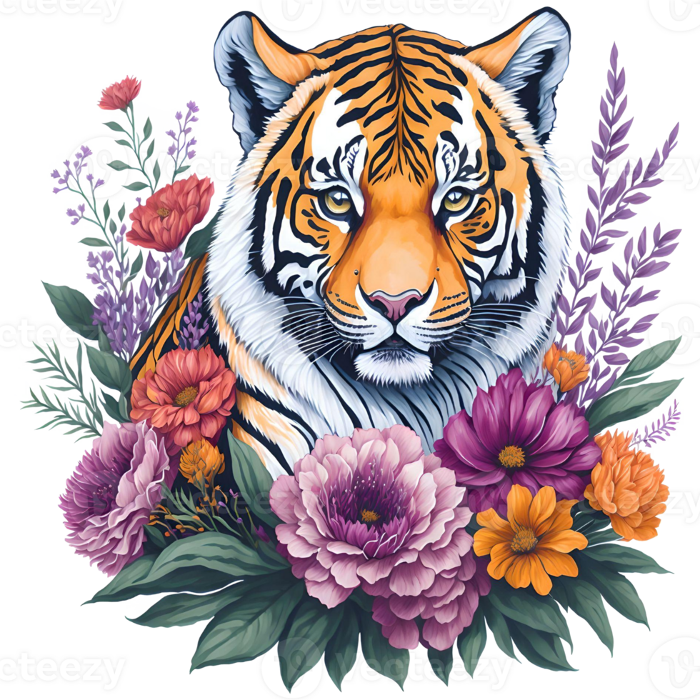 acuarela Tigre con flores png diseño, generativo ai