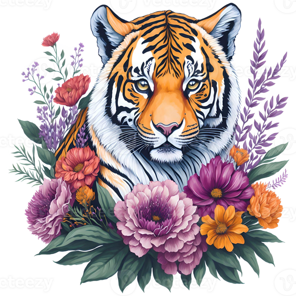 Watercolor Tiger With Flowers PNG Design, Generative AI