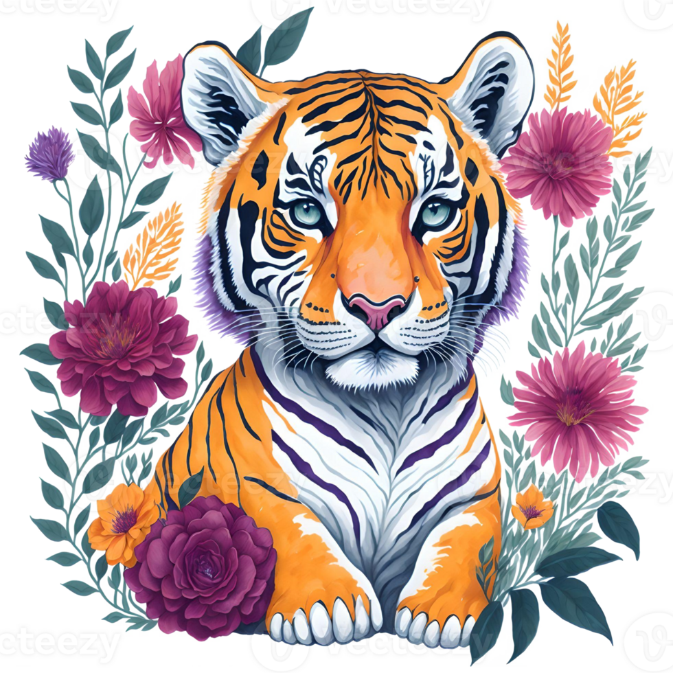 Watercolor Tiger With Flowers PNG Design, Generative AI