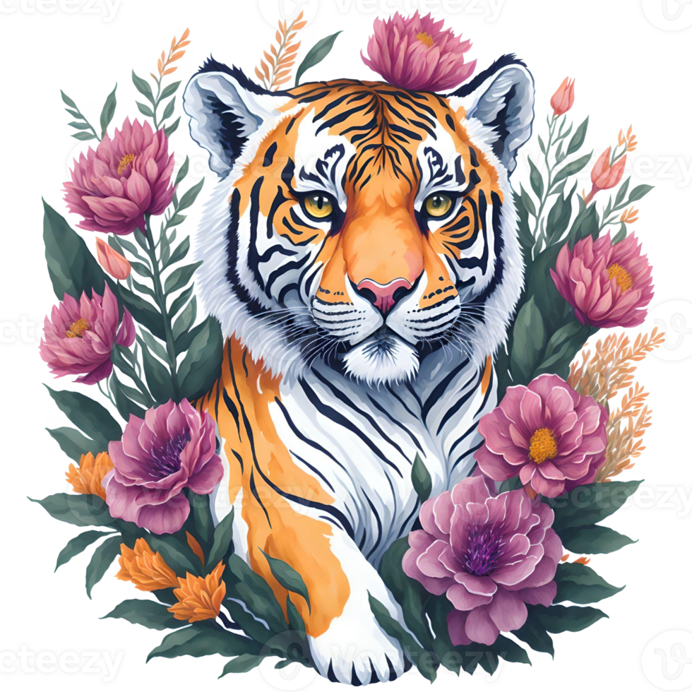 Watercolor Tiger With Flowers PNG Design, Generative AI