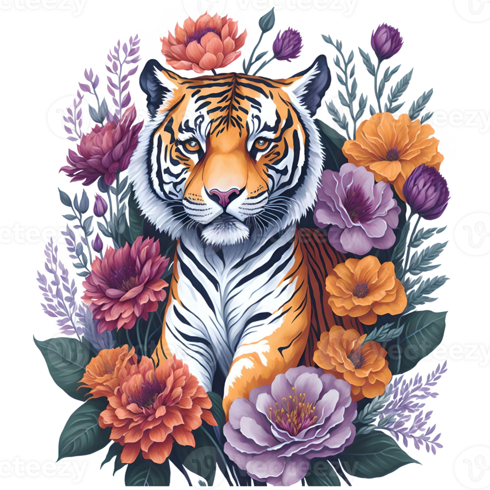 Watercolor Tiger With Flowers PNG Design, Generative AI