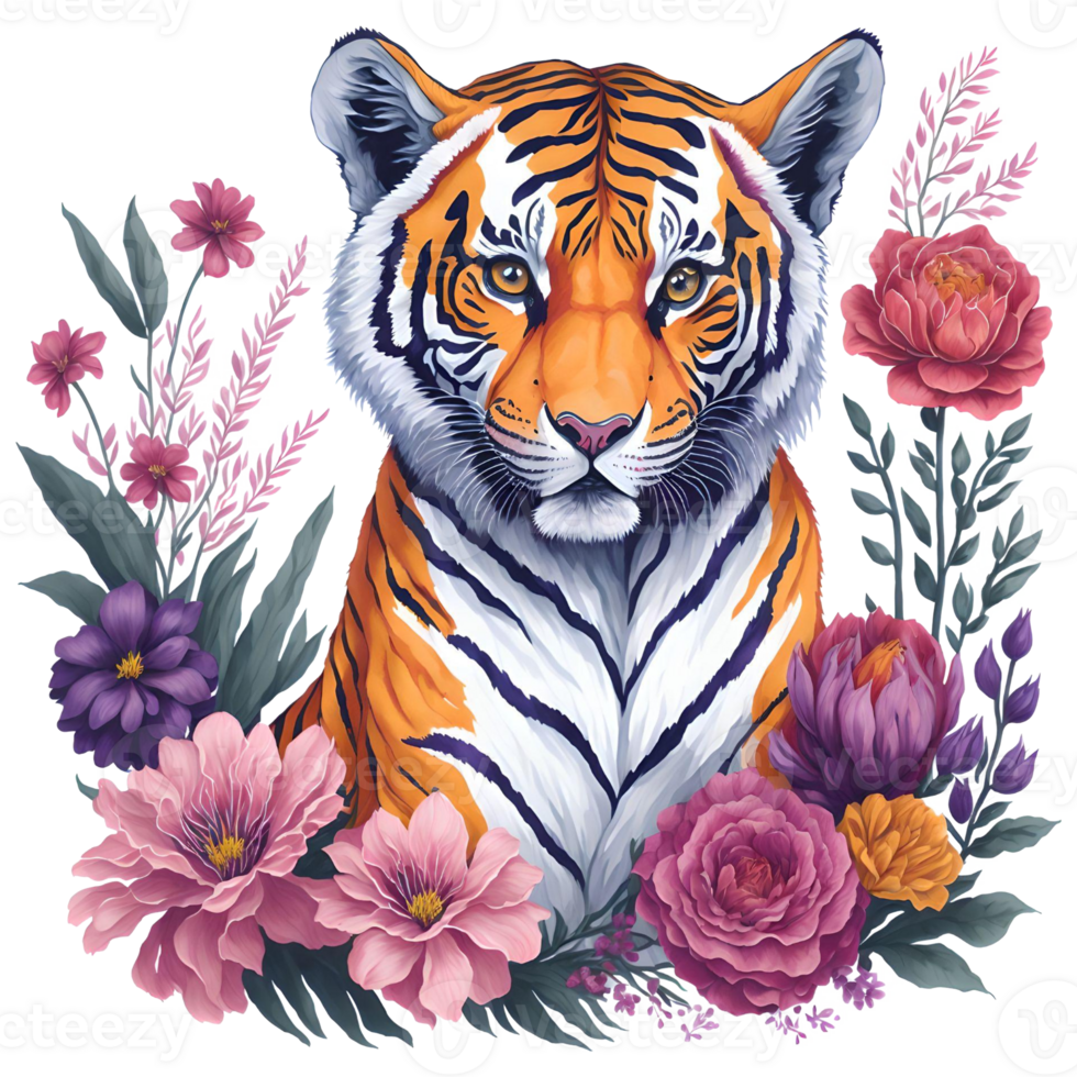 Watercolor Tiger With Flowers PNG Design, Generative AI