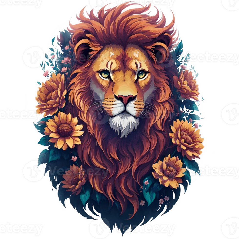 Watercolor Vintage Lion Head With Flowers PNG Design, Generative AI
