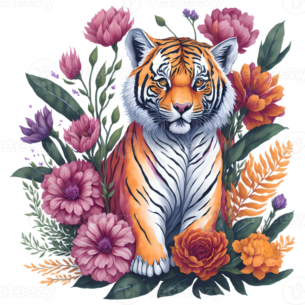 Watercolor Tiger With Flowers PNG Design, Generative AI
